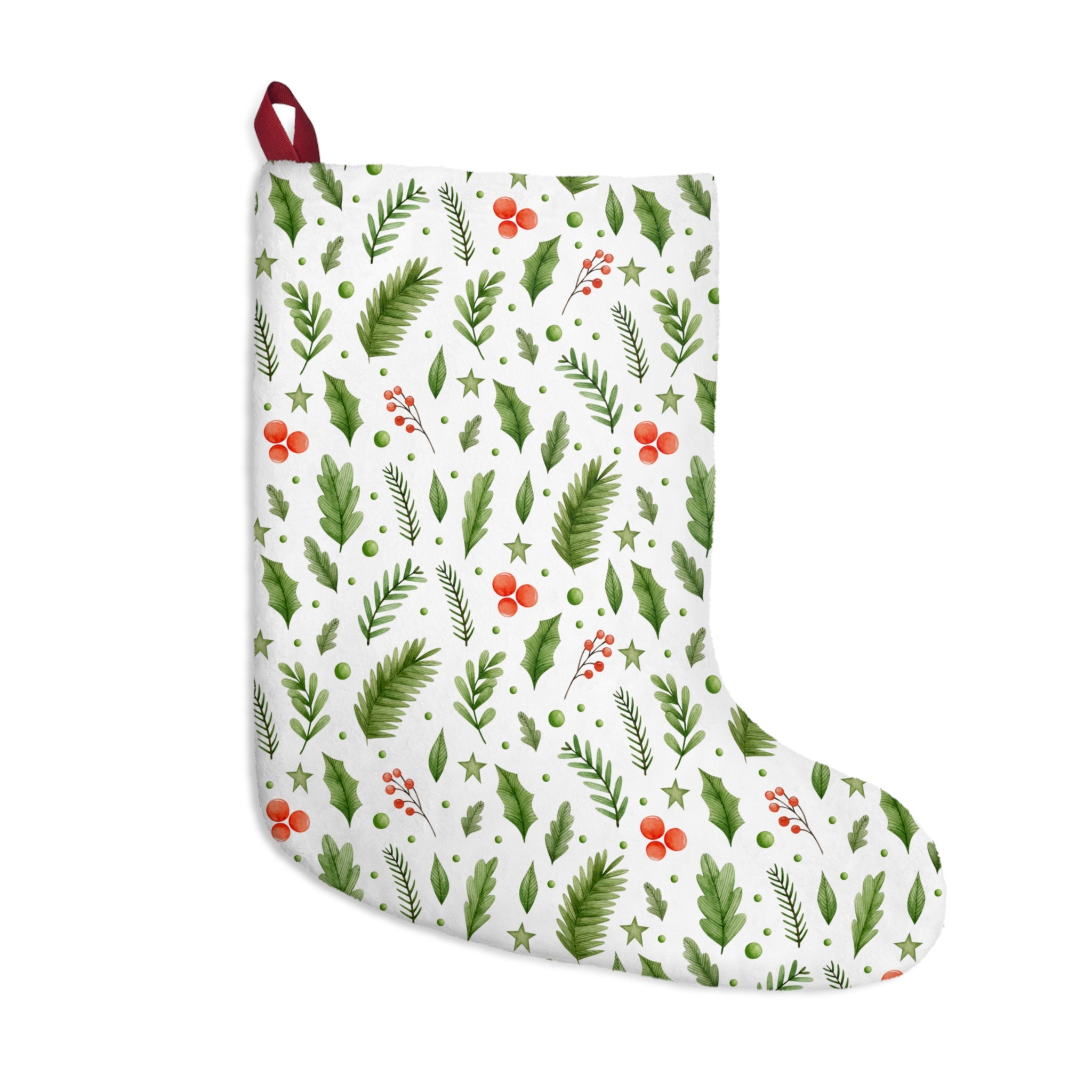 Botanical Christmas Stocking – White Background with Holly, Ferns & Red Berries