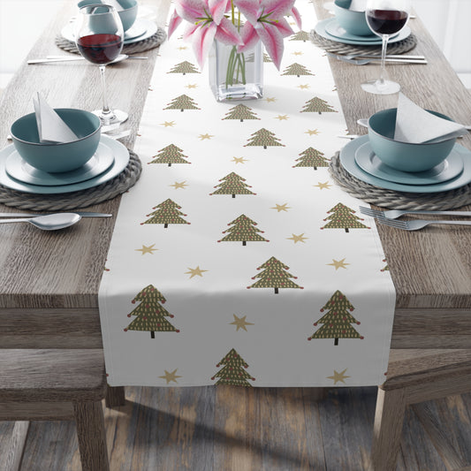 Christmas Tree & Star Table Runner – Festive Green & Gold Holiday Decor