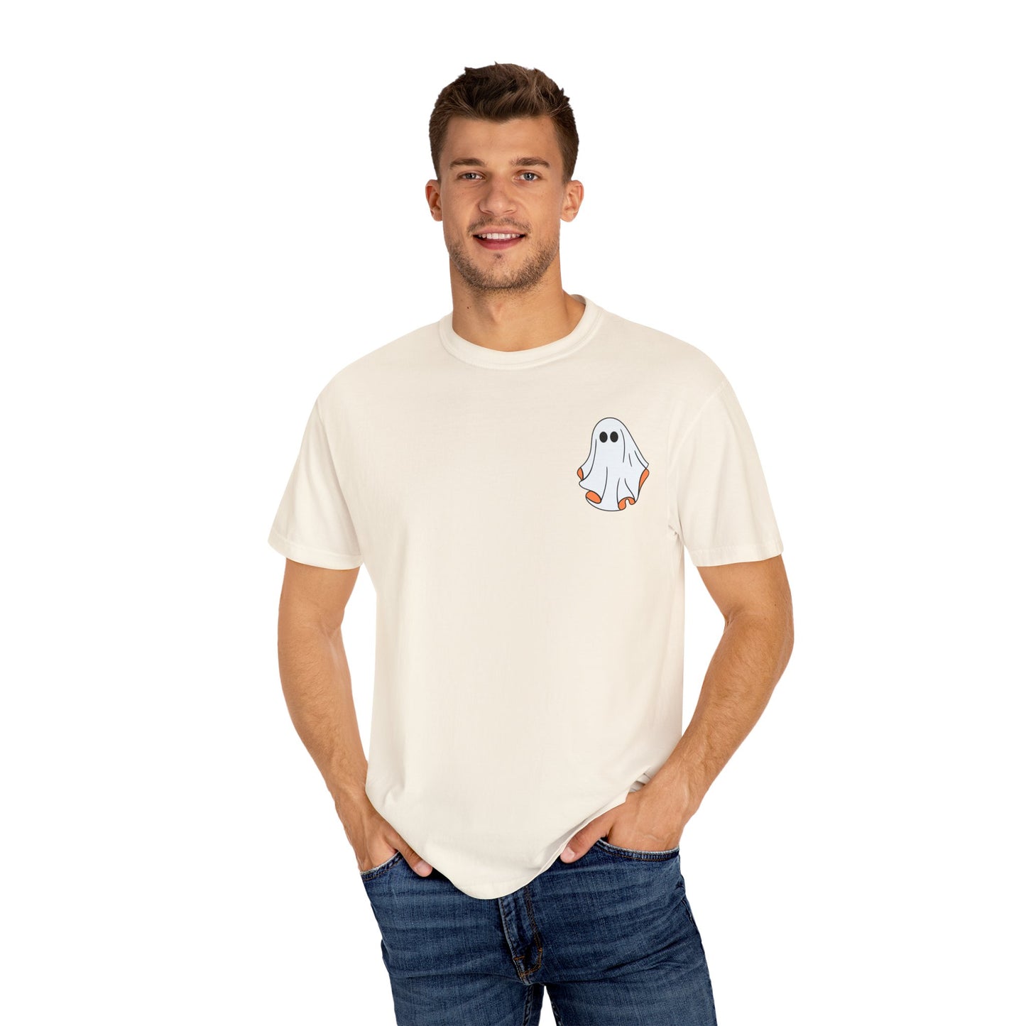 Minimal Ghost Halloween T-Shirt – Cute Pocket Graphic Tee for Spooky Season