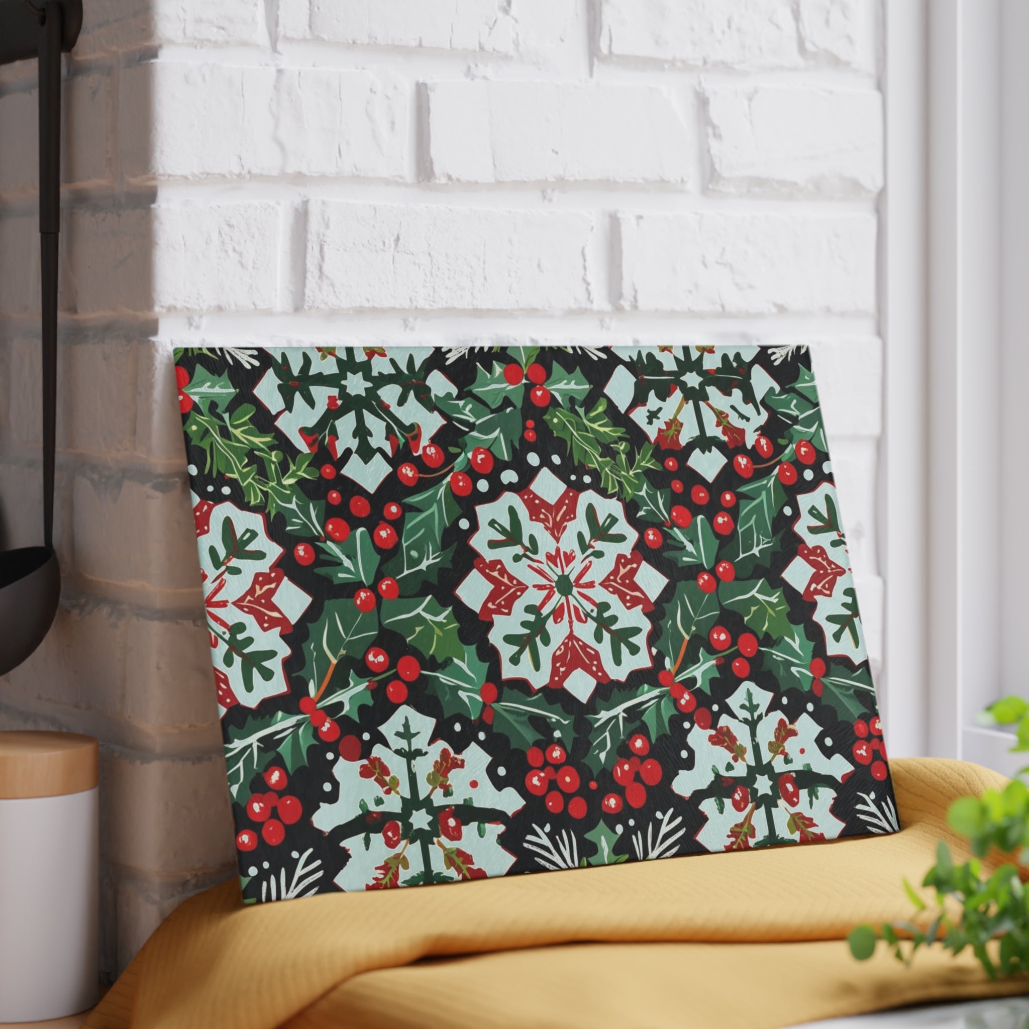 Festive Christmas Cutting Board with Holly and Berry Pattern