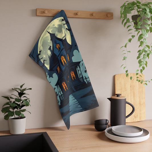 Victorian Haunted House Halloween Tea Towel – Spooky Graveyard Scene