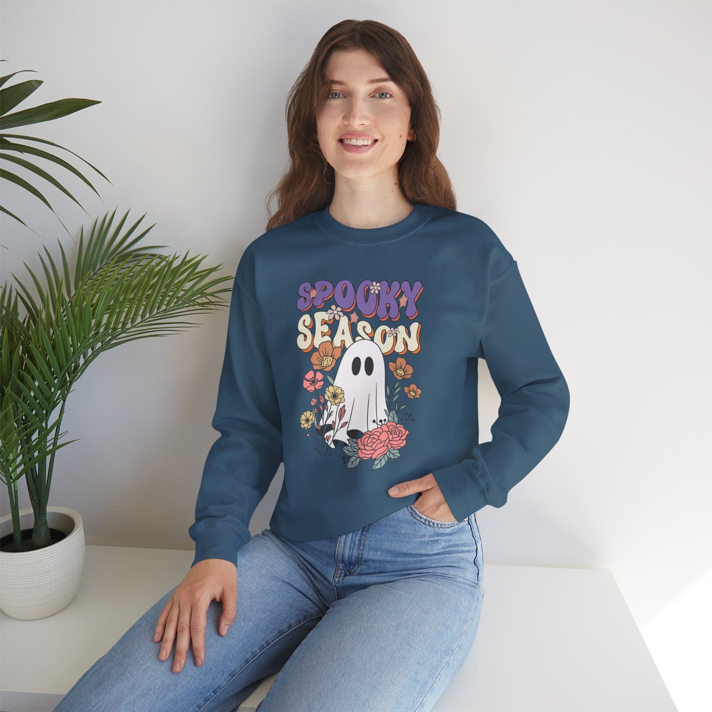Spooky Season Floral Ghost Sweatshirt – Cozy Halloween Blooms