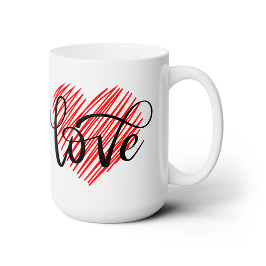Ceramic Mug with Diagonal Heart & Love Script – Customizable White Promo Mug