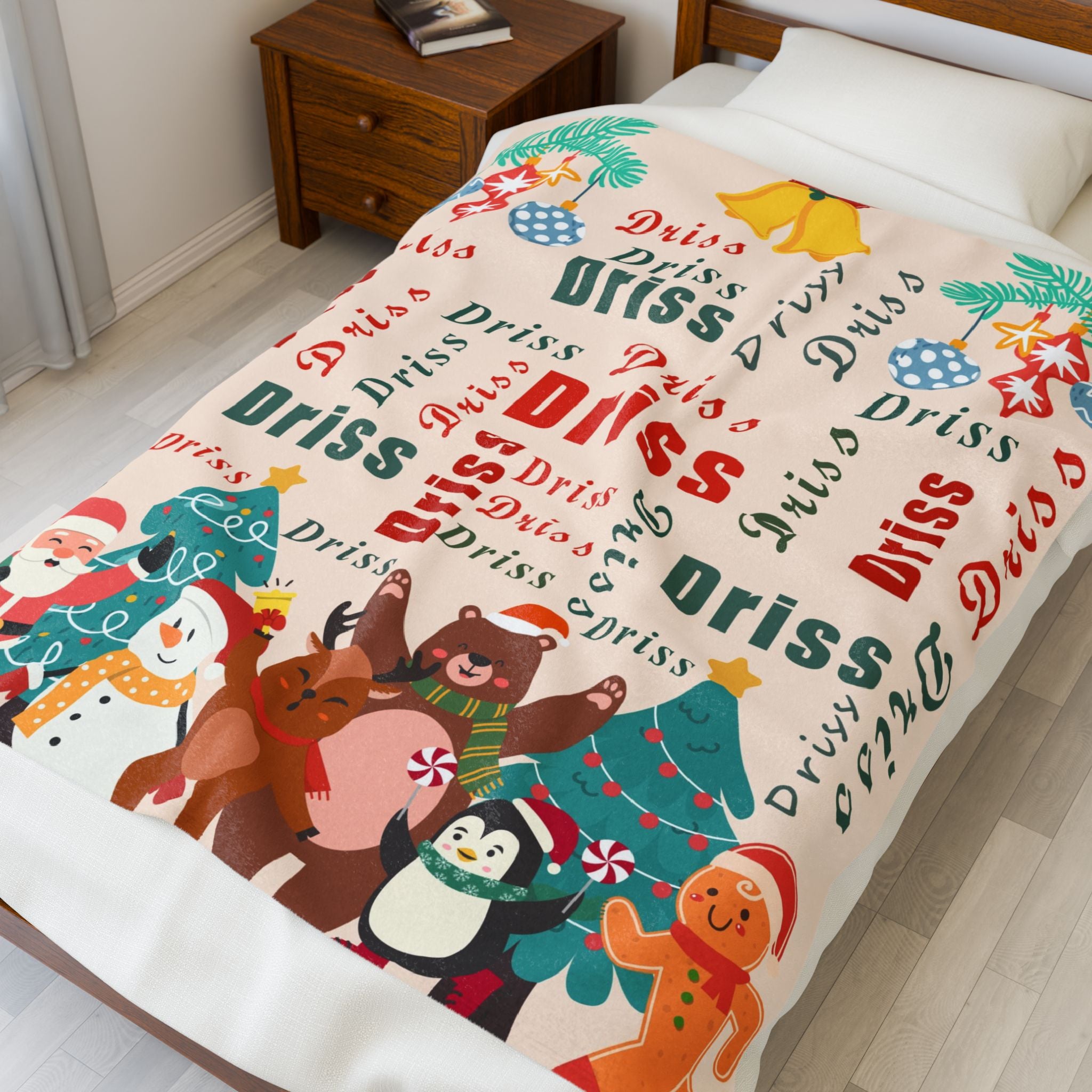 Christmas Character Velveteen Plush Blanket – Santa, Reindeer & Friends with Custom Name