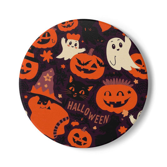 Halloween Ceramic Coaster with Pumpkins, Ghosts, Black Cat, and Witch Hat Design