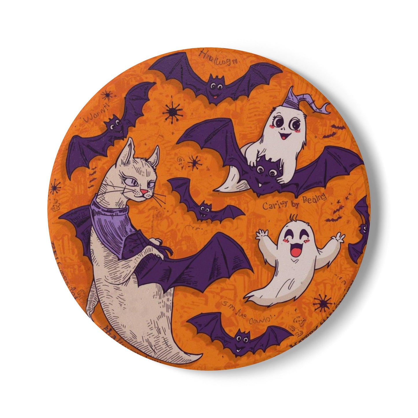 Halloween Ceramic Coaster with Cat, Ghosts, Bats, and Fun Cartoon Design