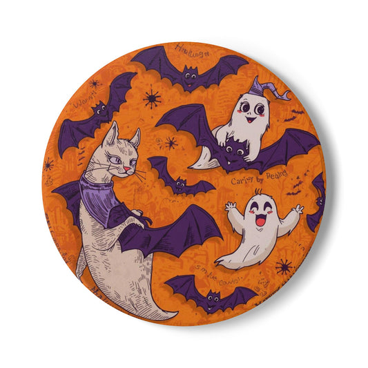 Halloween Ceramic Coaster with Cat, Ghosts, Bats, and Fun Cartoon Design