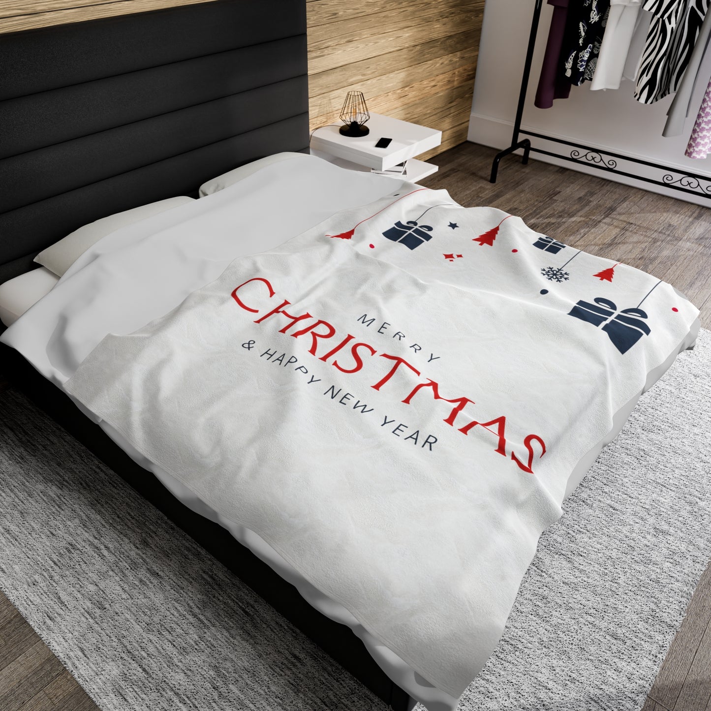 Merry Christmas & Happy New Year Printed Velveteen Plush Blanket, White