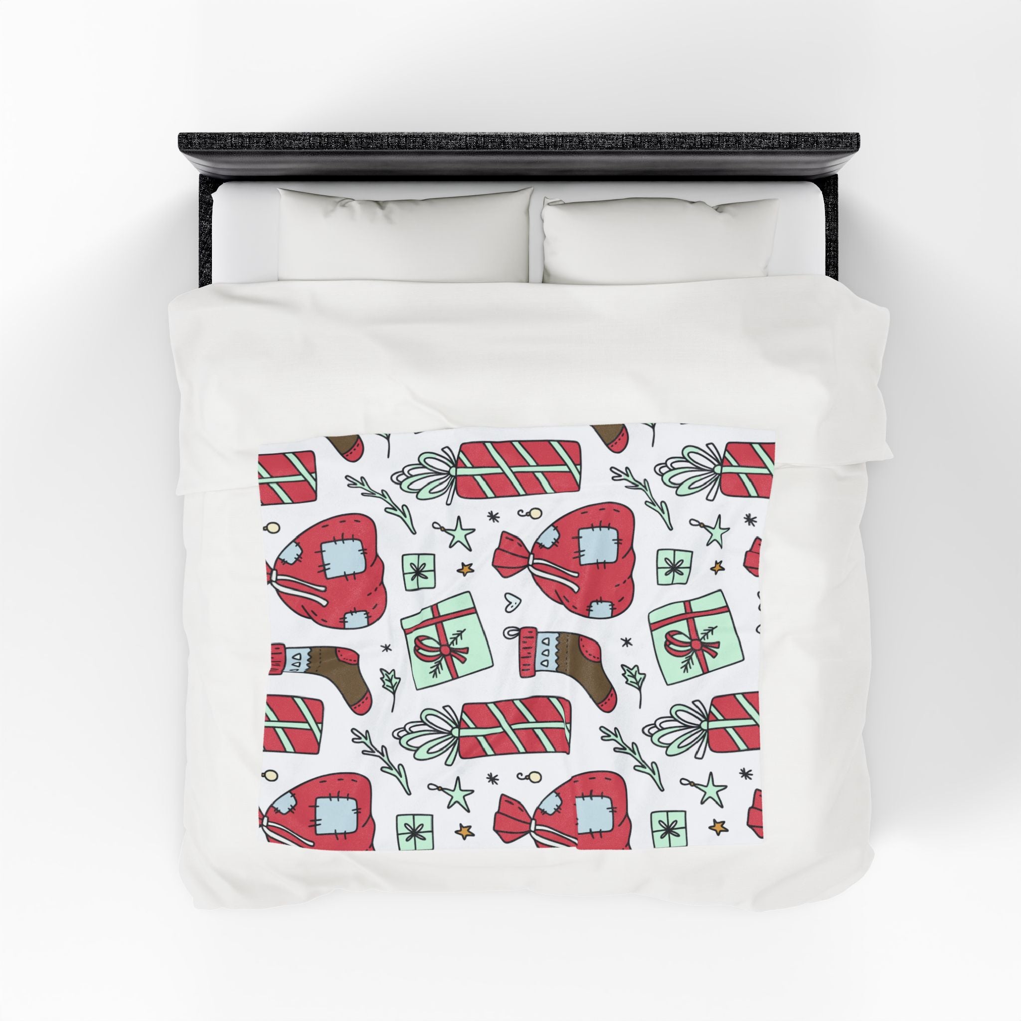 Gift Bag & Candy Cane Velveteen Plush Blanket – Festive Christmas Present Pattern