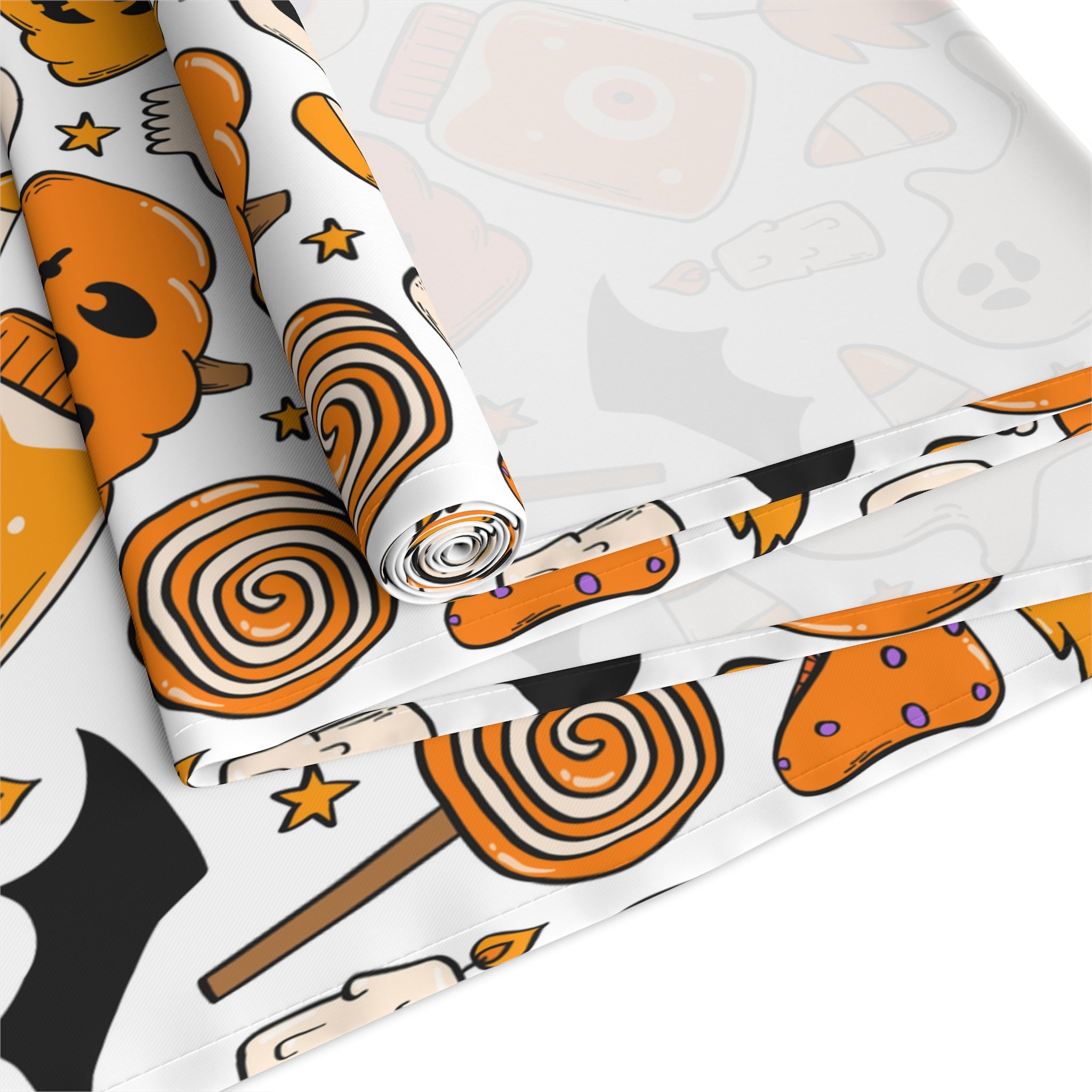 Halloween Table Runner – Halloween Icons in Orange & Black – Spooky Table Decor for Trick-or-Treat Hosting