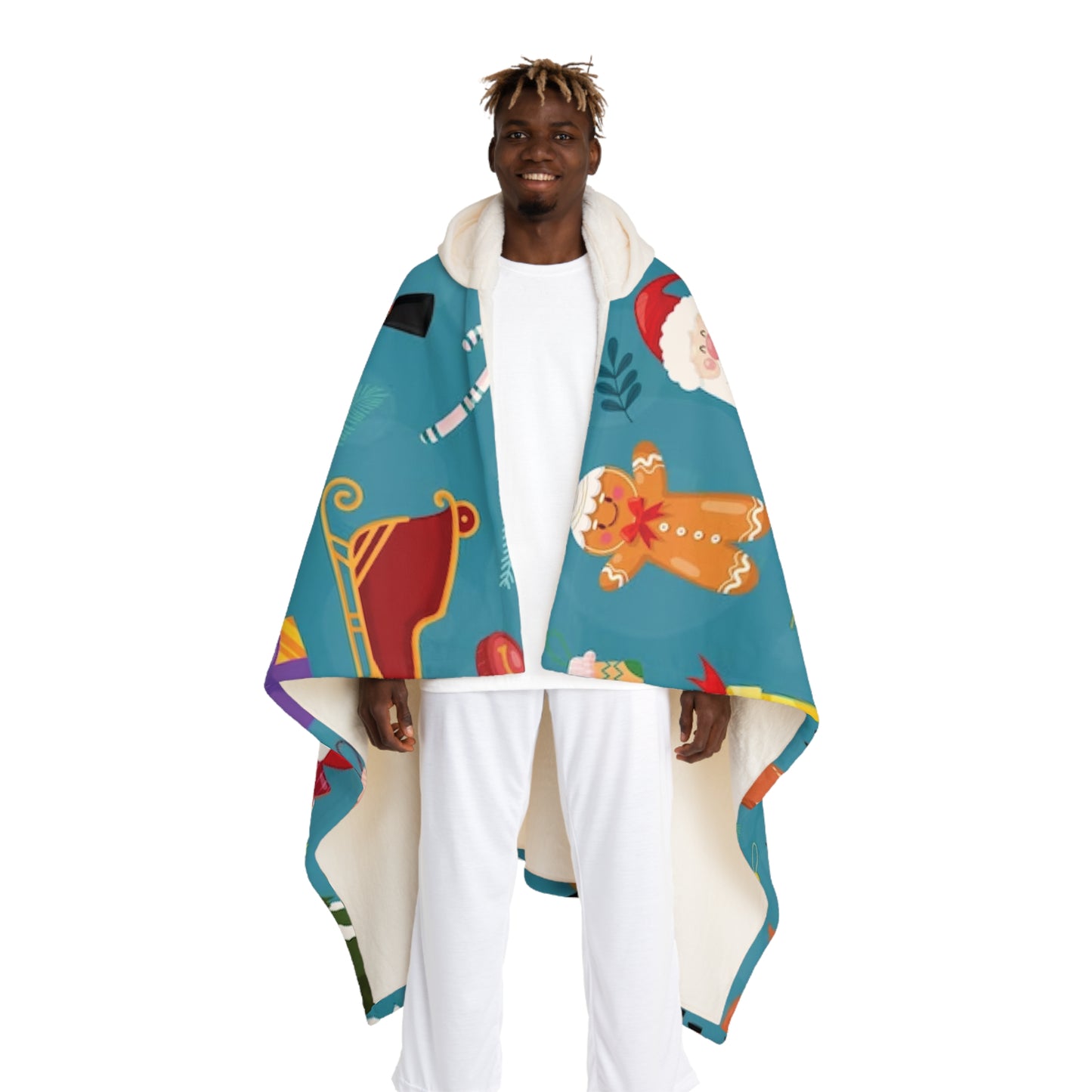 Sherpa Hooded Blanket – Blue with Gingerbread, Santa & Candy Canes – Cozy Christmas Gift
