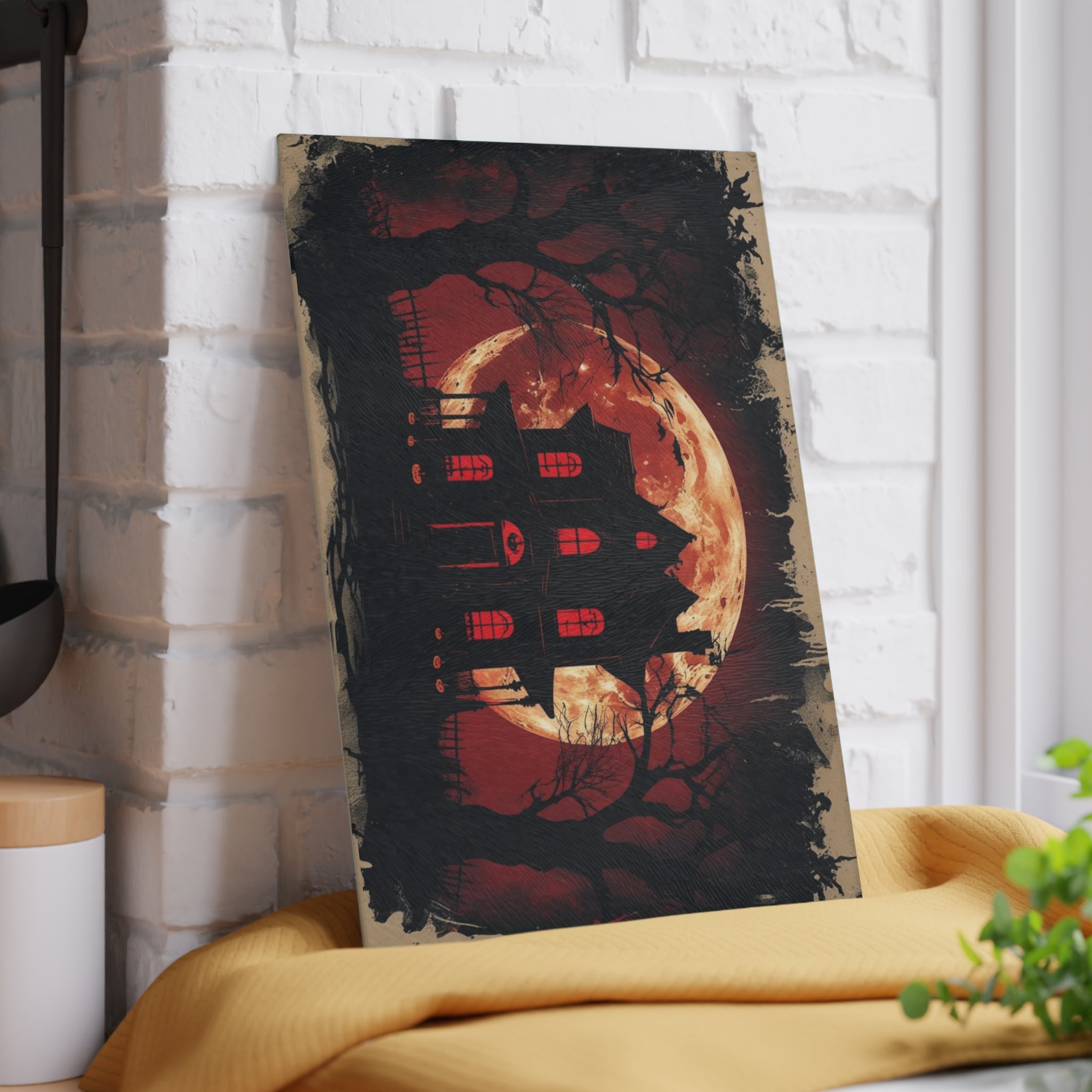 Spooky Halloween Cutting Board with Haunted House Silhouette