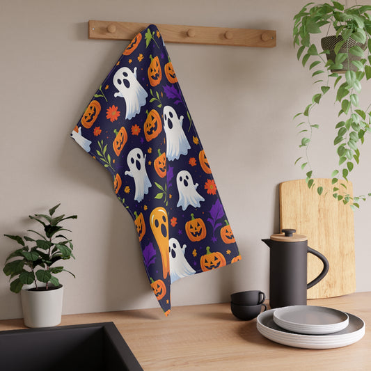 Playful Ghosts and Jack-O’-Lanterns Halloween Tea Towel – Navy Blue Floral Design