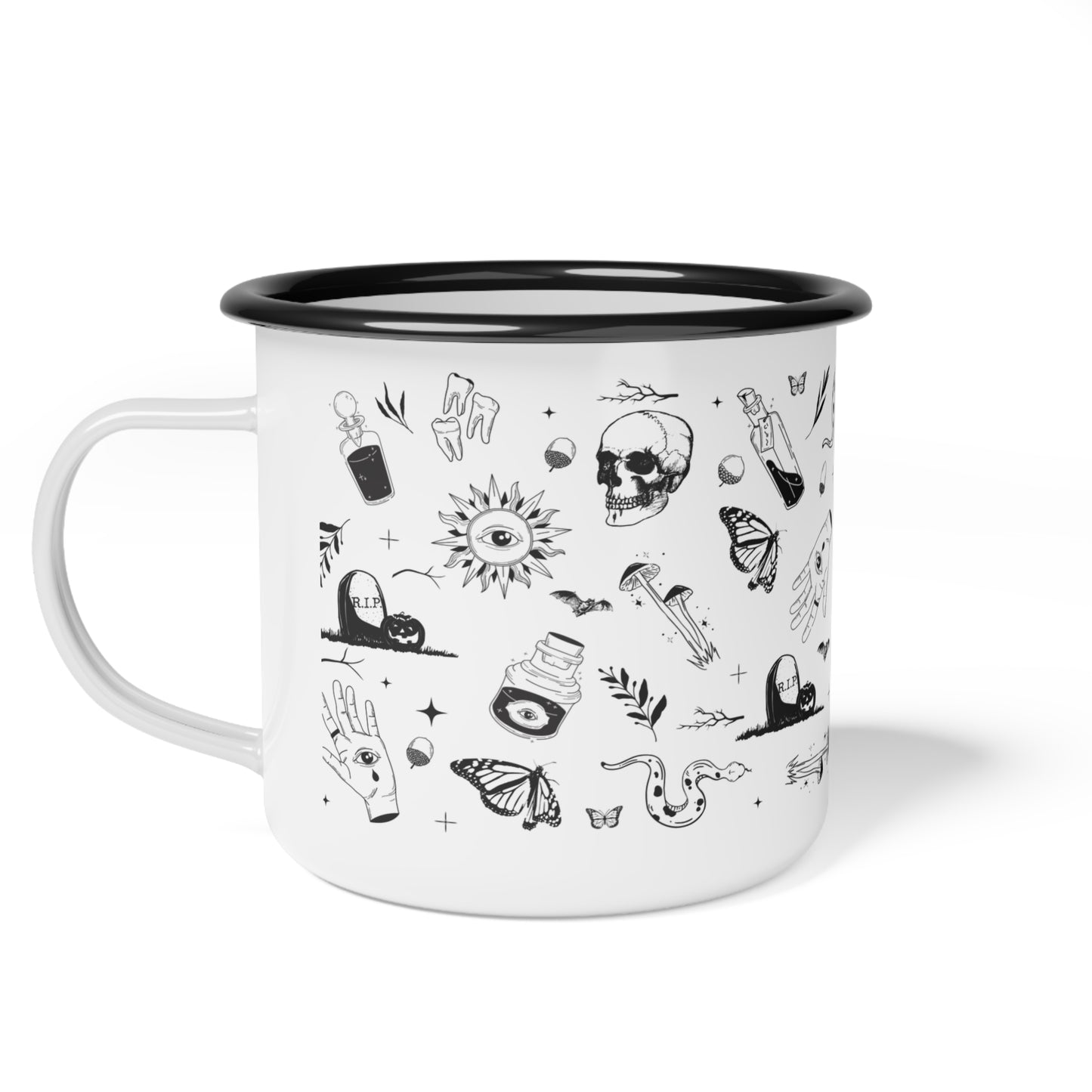 Mystical Skull Enamel Camp Cup – Black Illustration Design