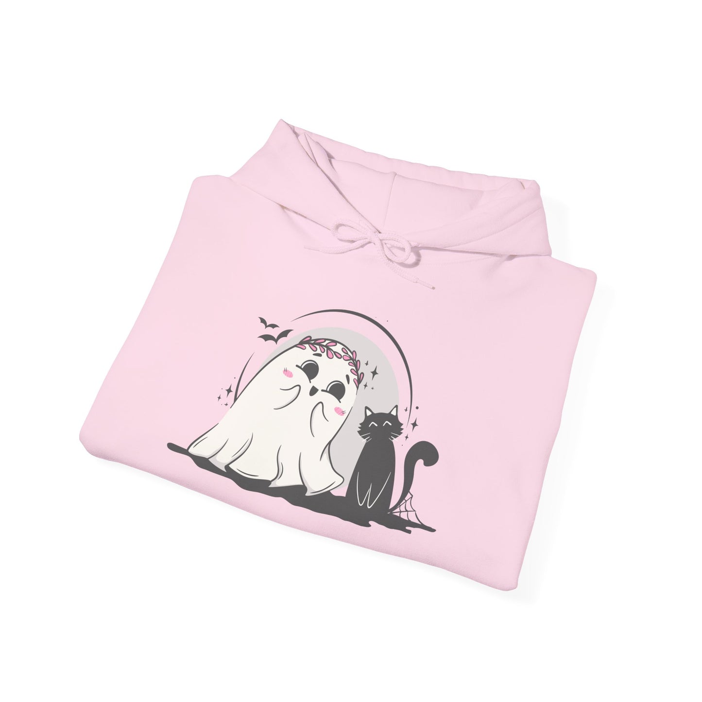 Floral Ghost & Black Cat Hoodie – Cute Halloween Companions