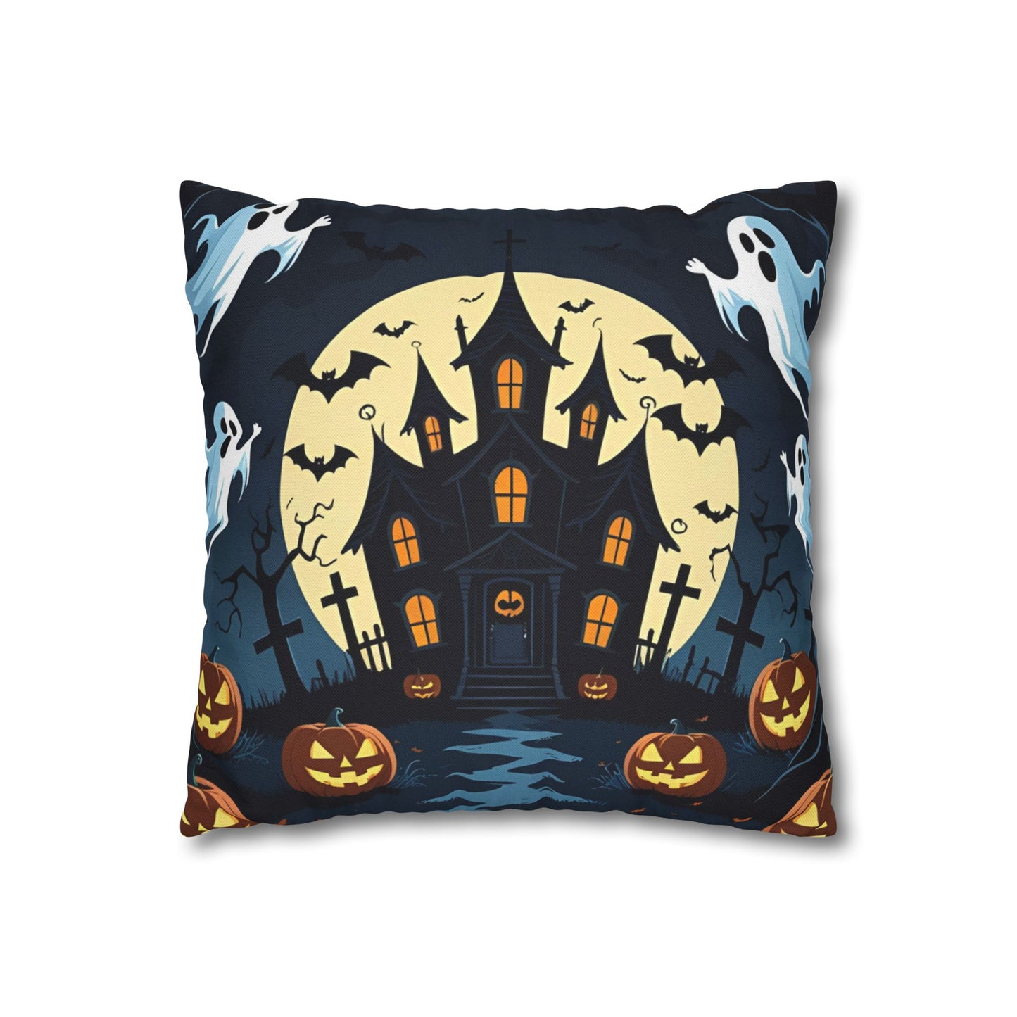 Haunted House Halloween Pillowcase with Ghosts, Bats & Pumpkins – Spooky Throw Pillow Cover for Halloween Home Decor