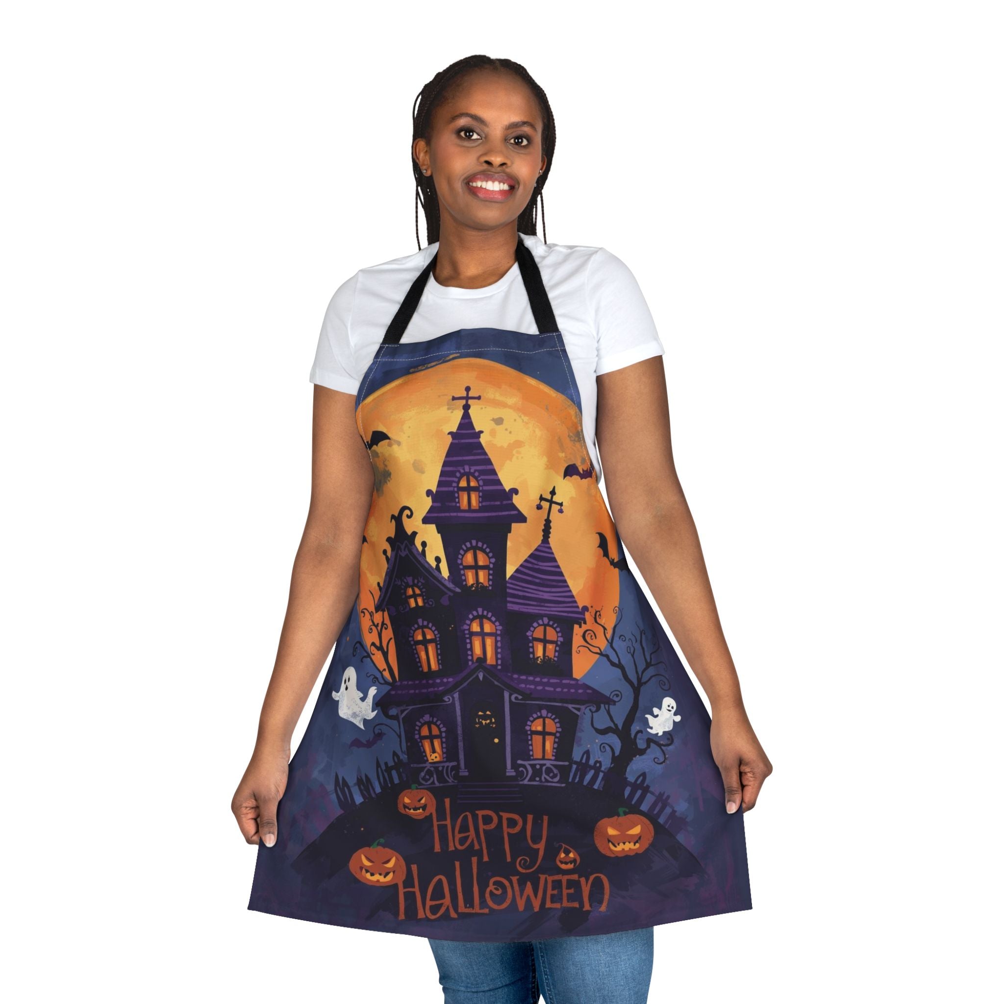 Halloween Apron – Haunted House and Happy Halloween Festive Apron for Cooking, Baking, and Parties