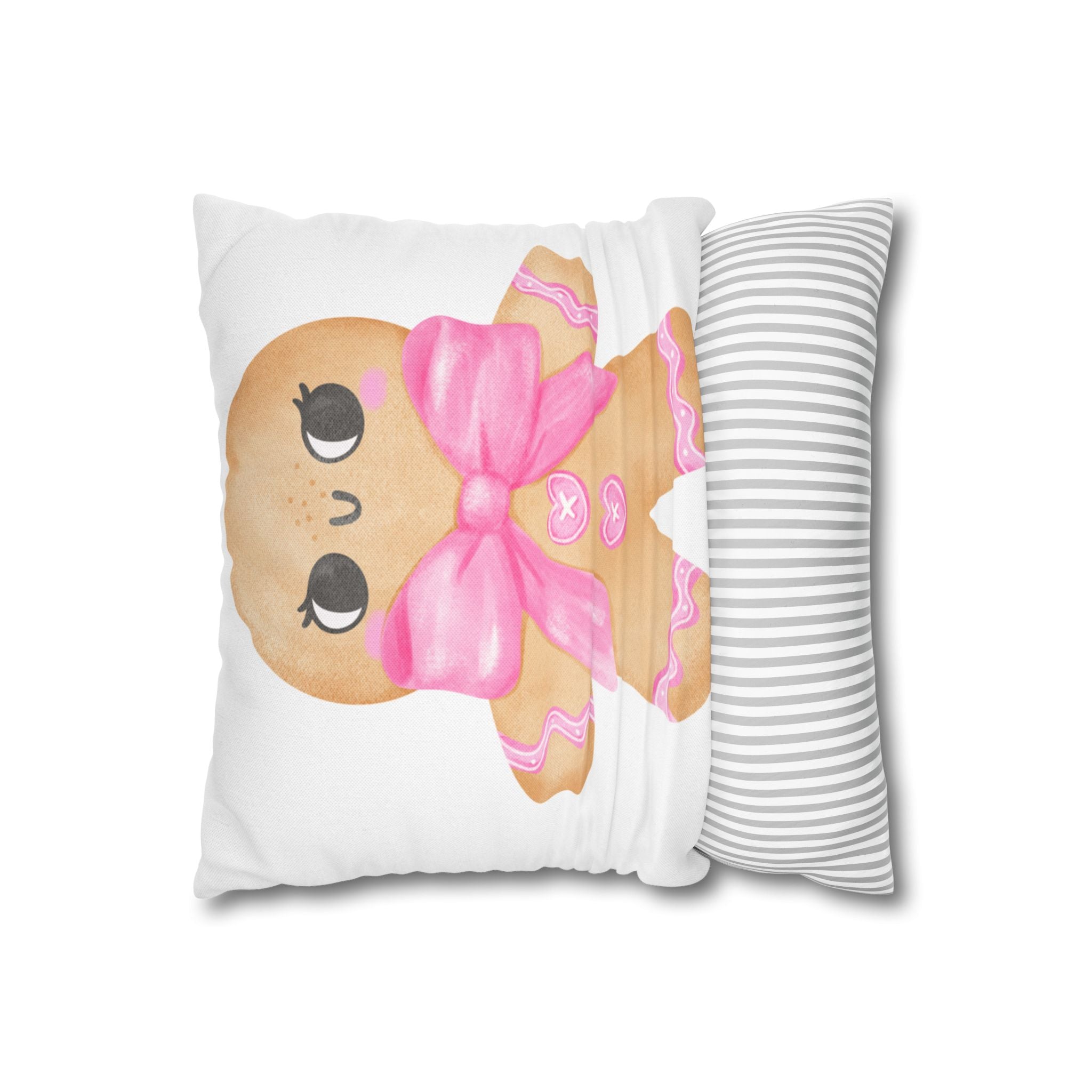 Gingerbread Pillow Cover – Double-Sided Holiday Decor with Pastel Candy Canes & Houses