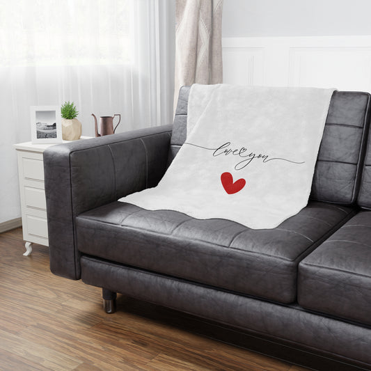 Love You with Heart Printed Valentine Minky Blanket, Red & White