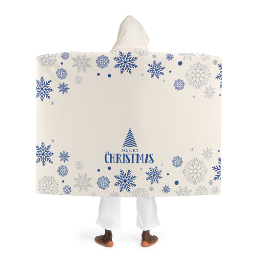 Sherpa Hooded Blanket – Cream with Blue Snowflakes & Christmas Tree – “Merry Christmas” Winter Gift
