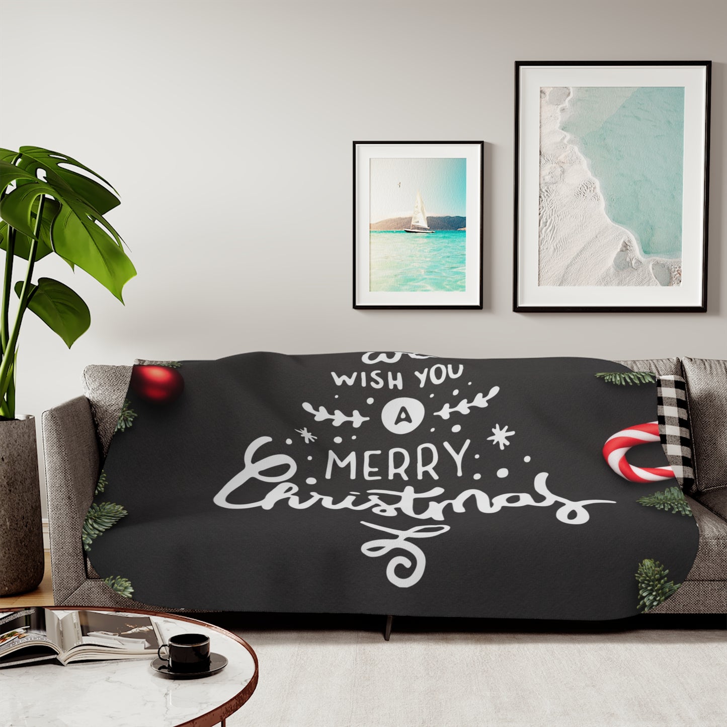 Wish You Merry Christmas in Black Printed Sherpa Blanket