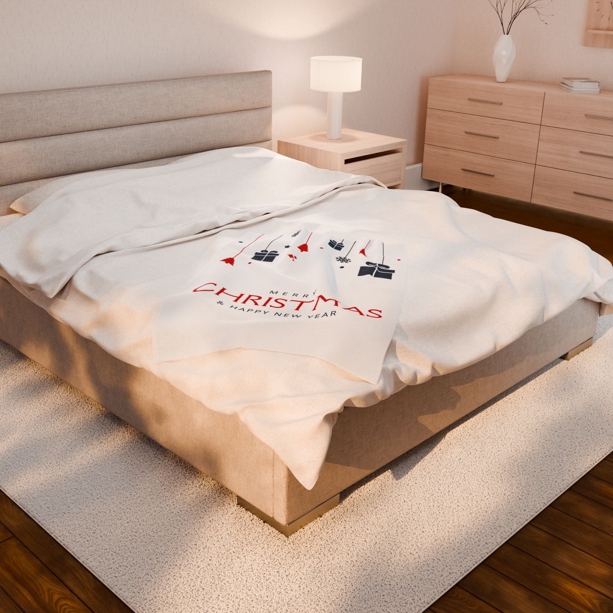 Merry Christmas & Happy New Year Printed Velveteen Plush Blanket, White