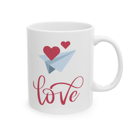 Ceramic Mug with Blue Paper Airplane and Red Heart Design