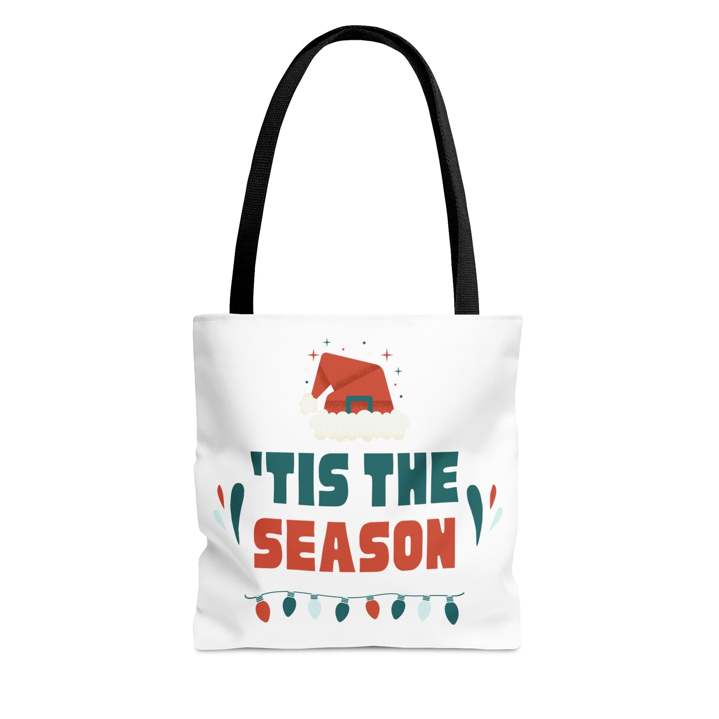 Christmas Tote Bag with “‘TIS THE SEASON” Santa Hat Design – Durable All-Over Print Holiday Carryall in 3 Sizes