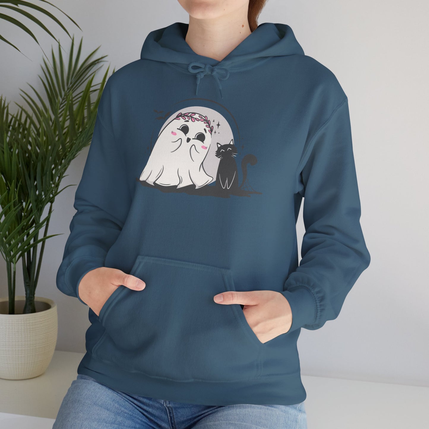 Floral Ghost & Black Cat Hoodie – Cute Halloween Companions