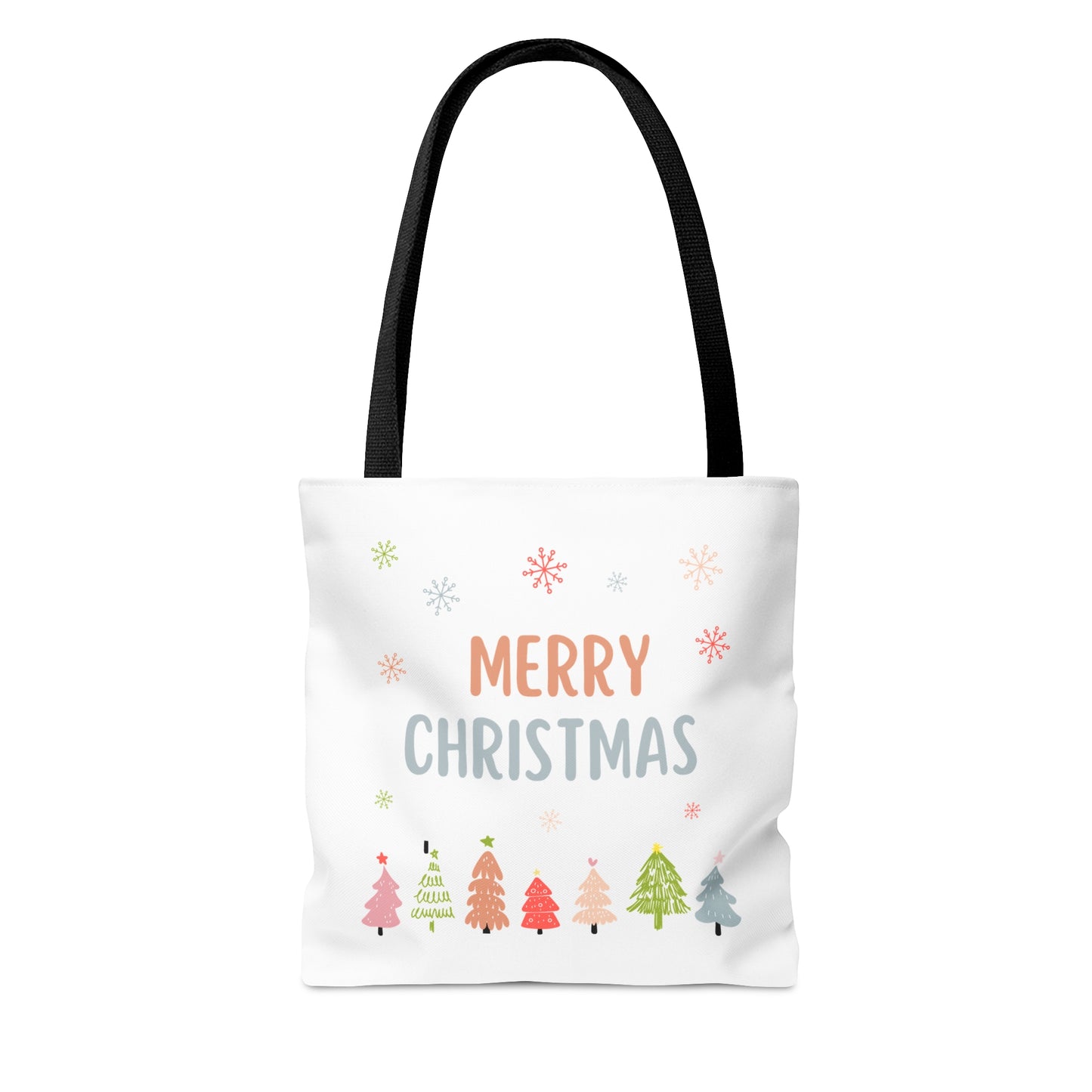 Tote Bag – “MERRY CHRISTMAS” Text with Snowflakes & Colorful Tree Row – Holiday Gift for Seasonal Shoppers