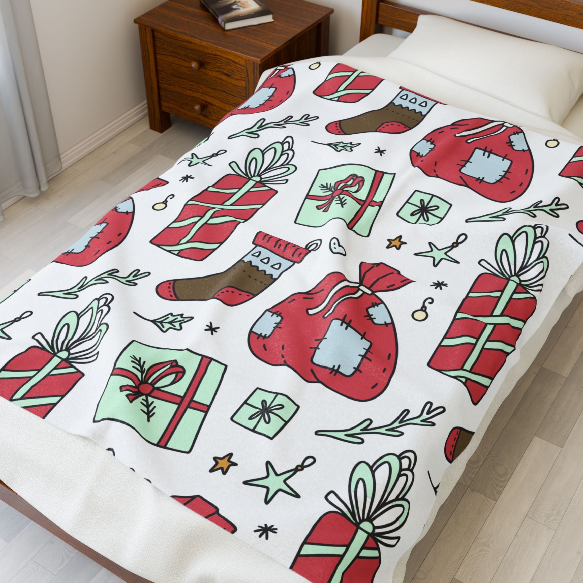 Gift Bag & Candy Cane Velveteen Plush Blanket – Festive Christmas Present Pattern