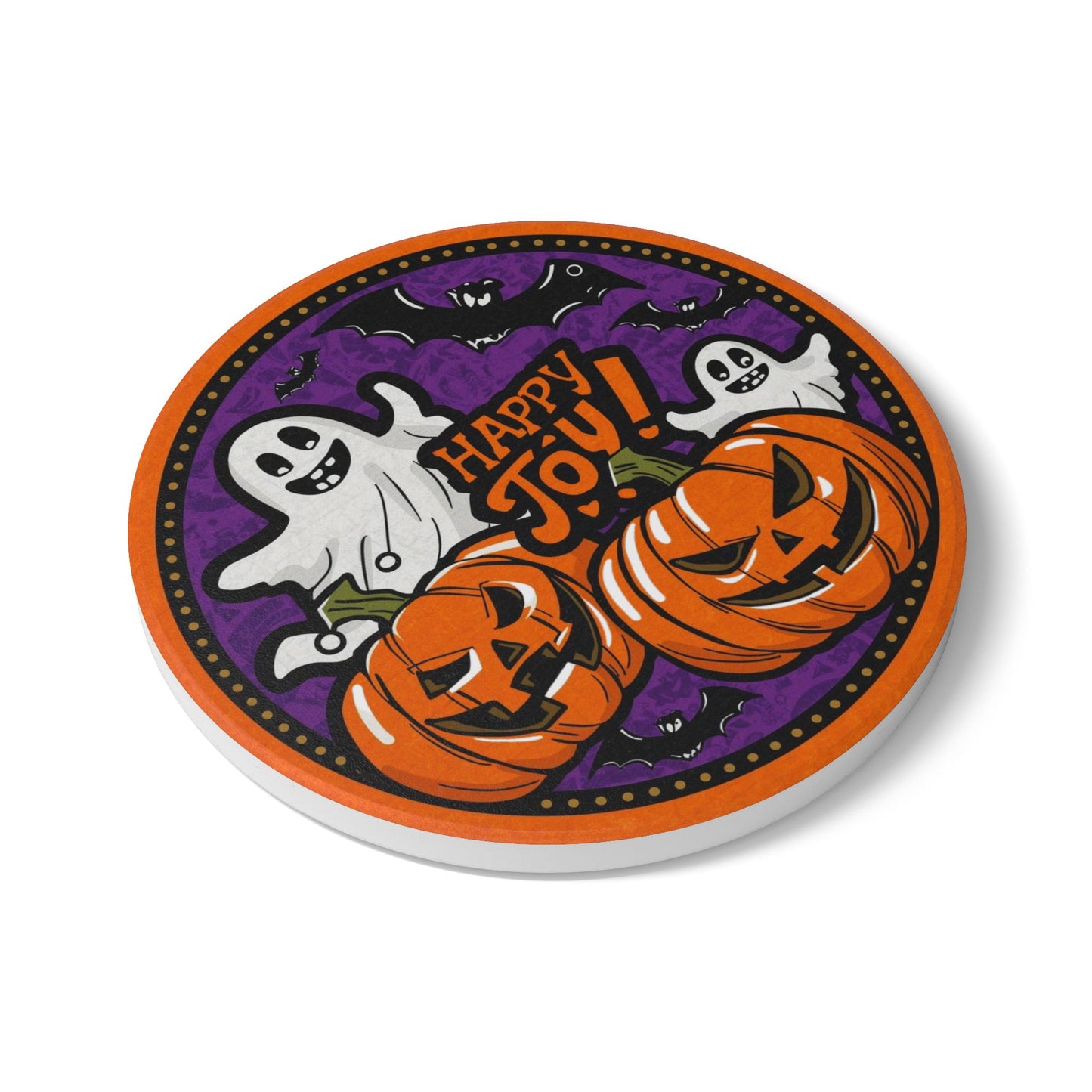 Festive Halloween Ceramic Coaster with Playful Ghosts and Pumpkins