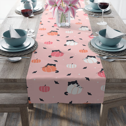 Pink Pumpkin & Cat Table Runner – Whimsical Halloween Dining Decor