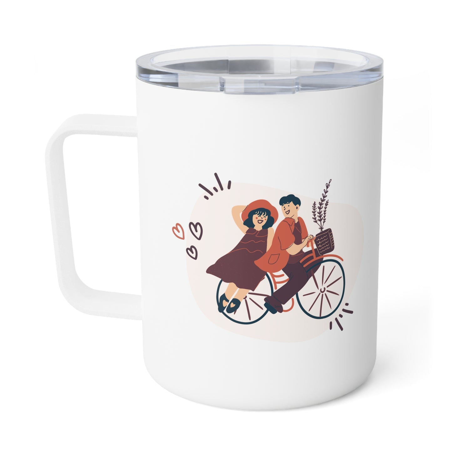 10oz Insulated Travel Mug – Couple on Bicycle Illustration, Stainless Steel, Glossy White Finish