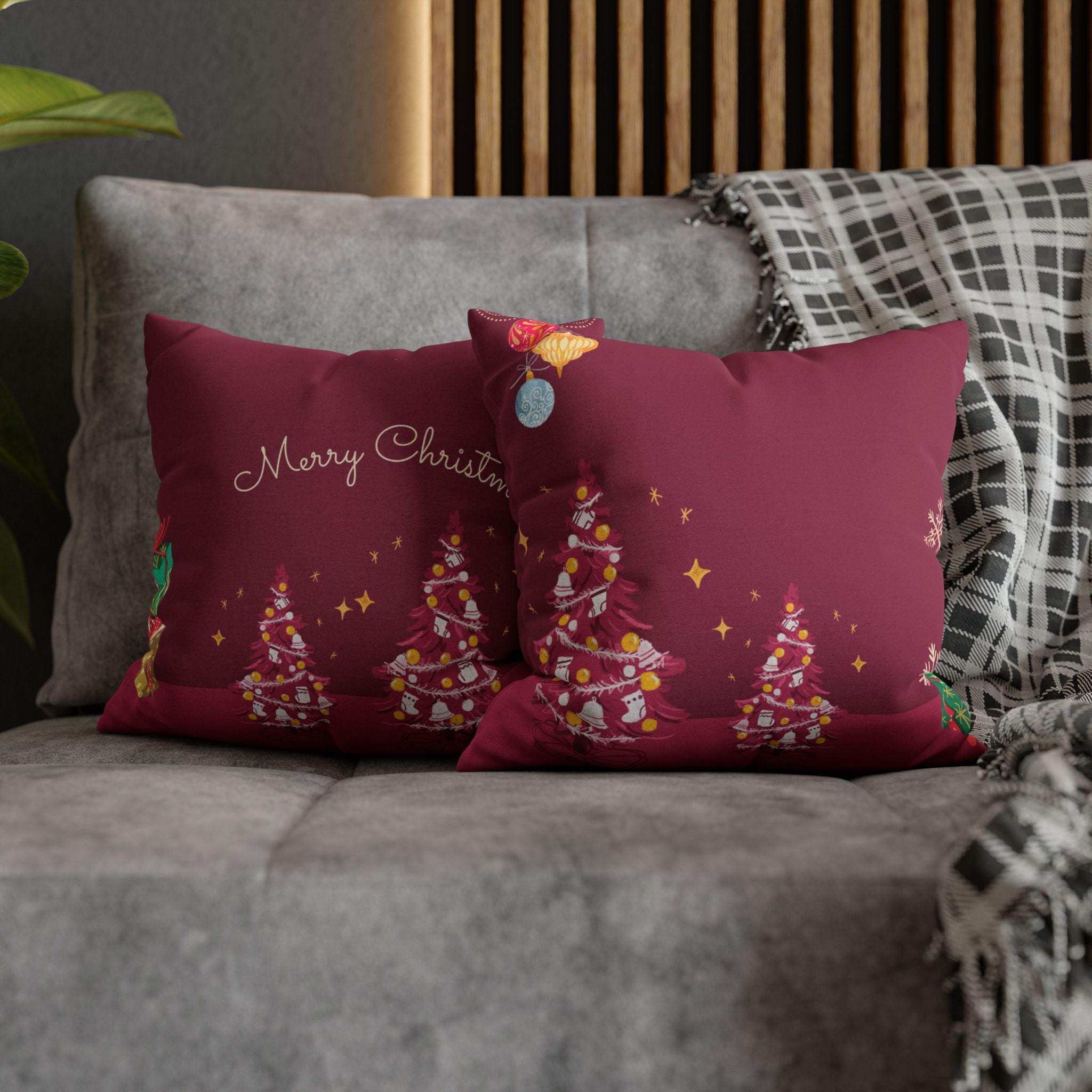 Merry Christmas Pillow Cover – Double-Sided Maroon with Gold Trees & Stars