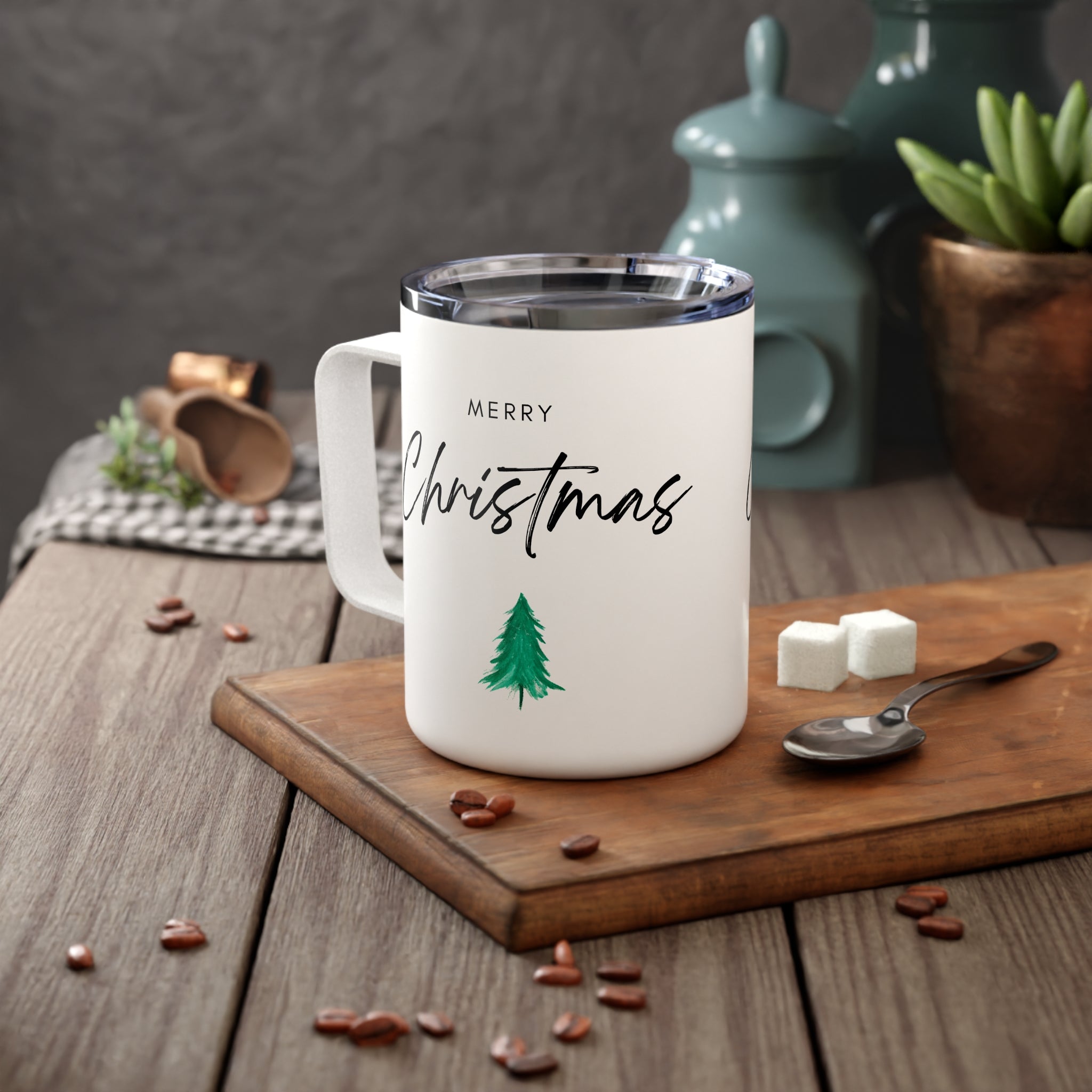 10oz Christmas Travel Mug with Merry Christmas Tree Design – Stainless Steel Holiday Gift for Coffee Lover