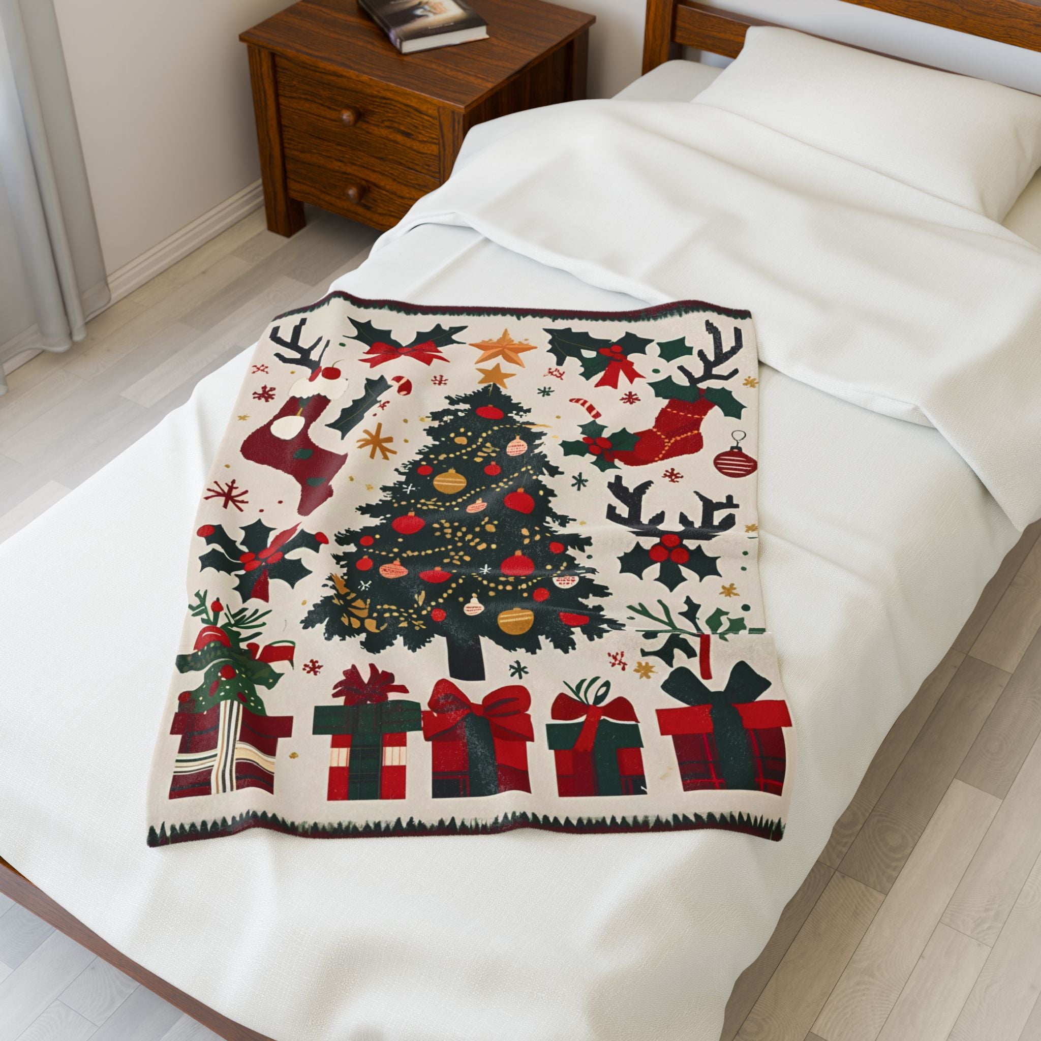 Christmas Tree Velveteen Plush Blanket – Holiday Stockings, Gifts & Holly Print Throw