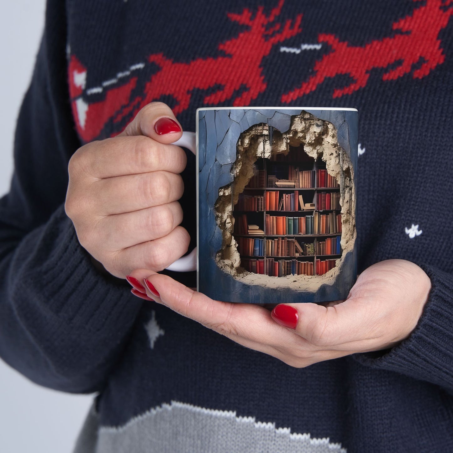 Mug - 3D Bookshelf Illusion - Unique Library Wall Break Design