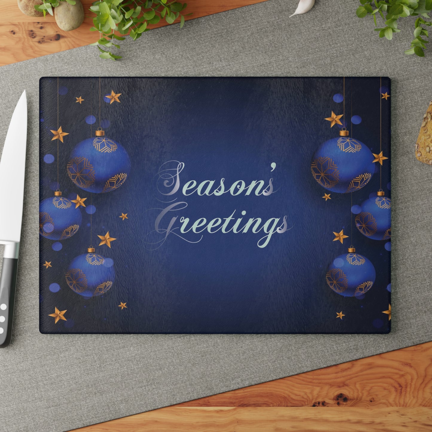 Season;s Greetings Glass Cutting Board, Blue