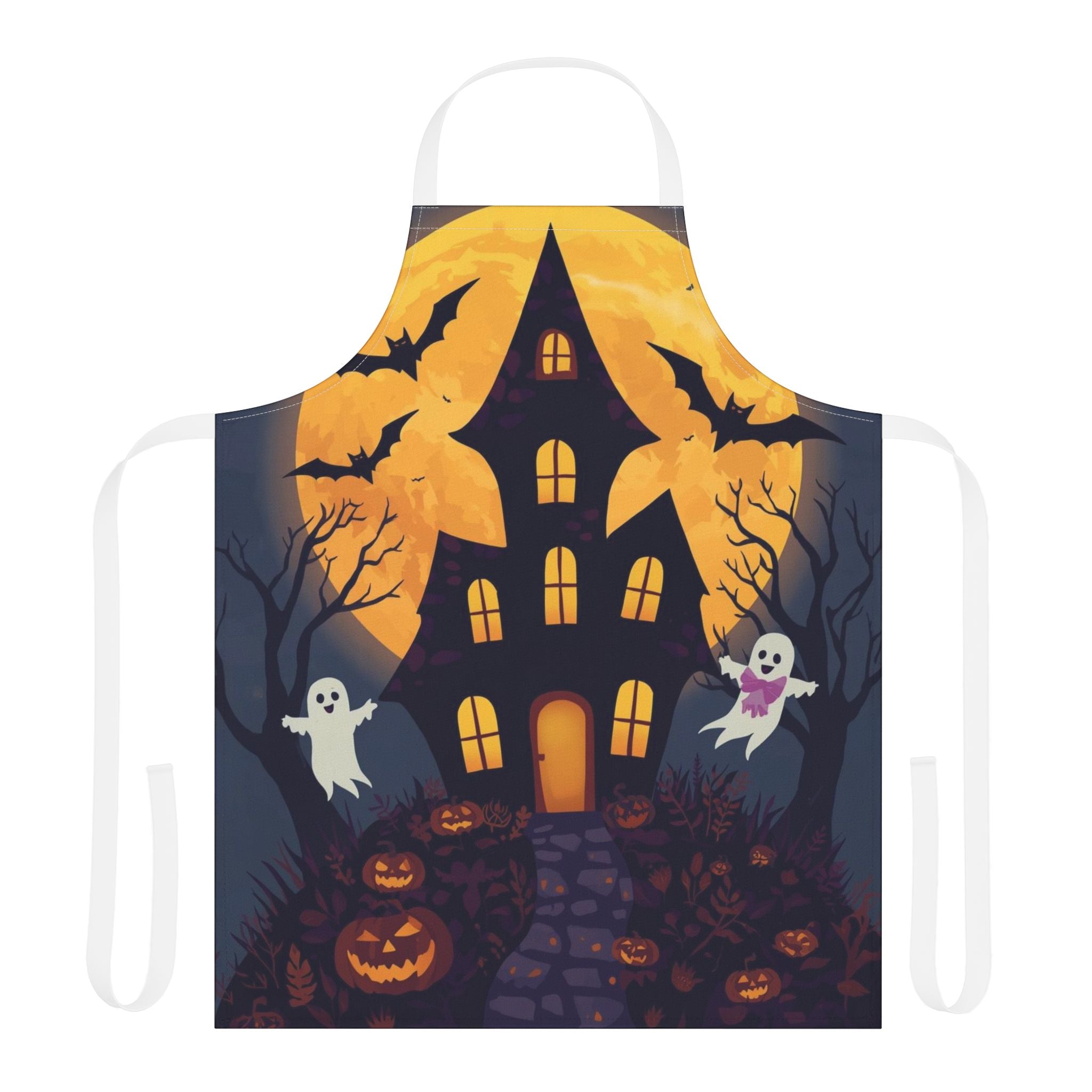 Halloween Apron with Haunted House, Ghosts, and Pumpkin Design
