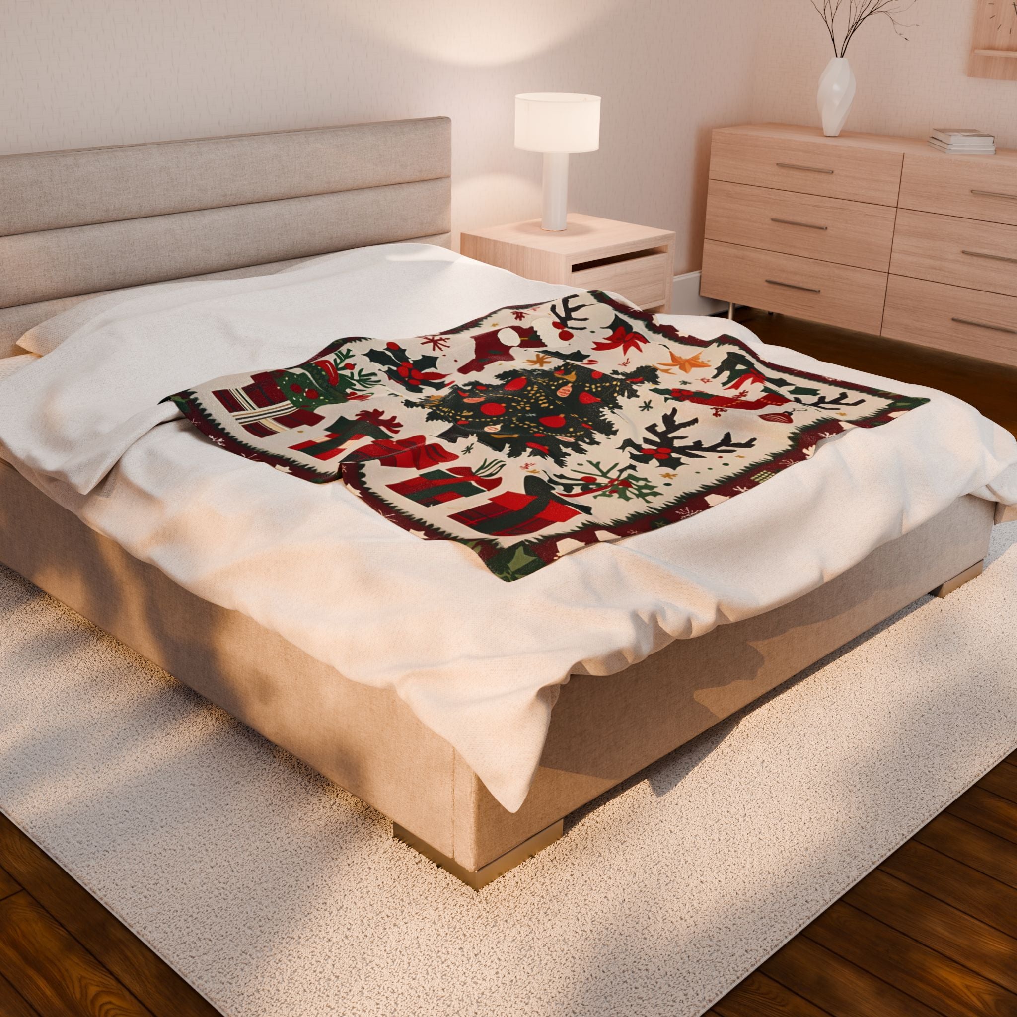 Christmas Tree Velveteen Plush Blanket – Holiday Stockings, Gifts & Holly Print Throw
