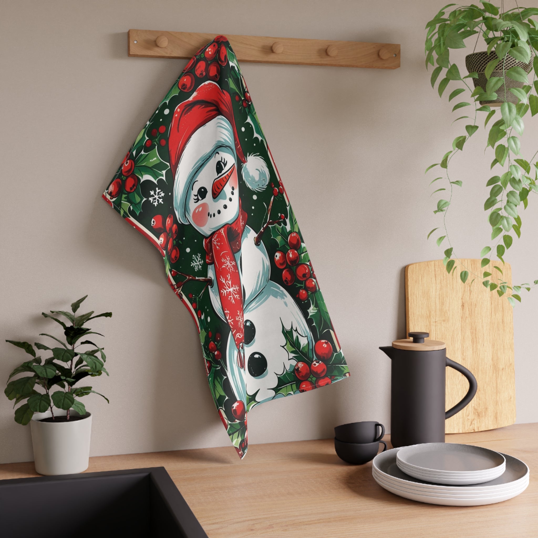 Cheerful Christmas Tea Towel with Snowman and Holly Design