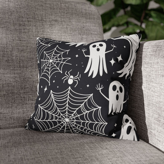 Spooky Halloween Ghost Pillow Cover – Black Throw Pillow with Spiderwebs & Cute Ghosts – Haunted House Decor for Halloween Couch or Bed