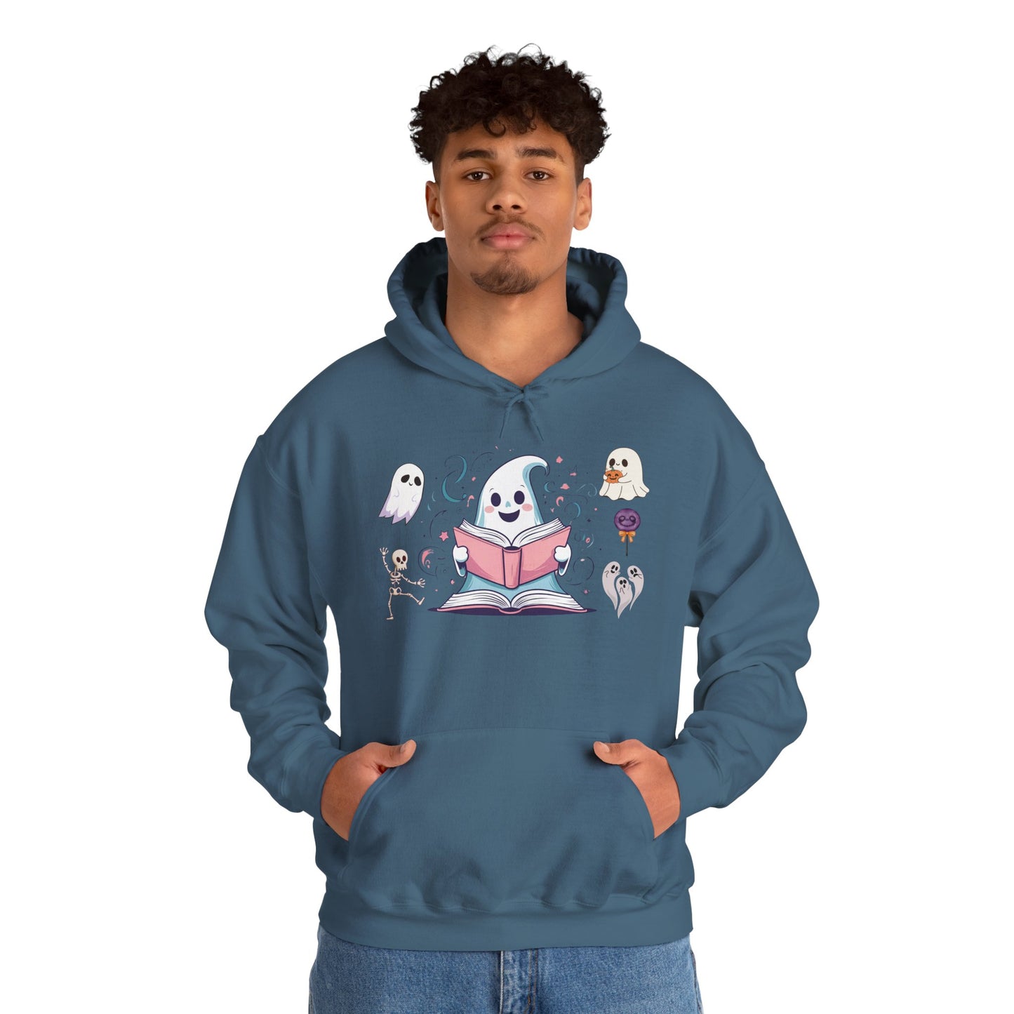 Cute Ghost Reading Hoodie – Whimsical Halloween Sweatshirt for Book Lovers