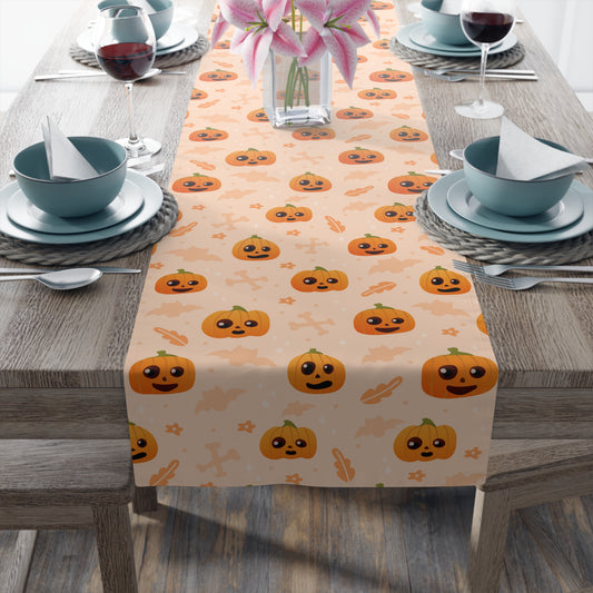 Smiling Pumpkin Table Runner – Playful Halloween Fall Dining Decor