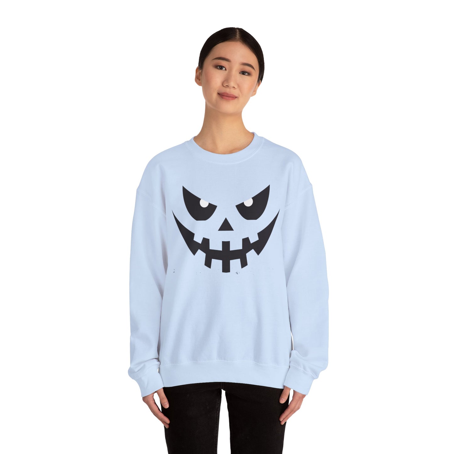 Creepy Pumpkin Face Halloween Sweatshirt – Beige Graphic Pullover for Spooky Season