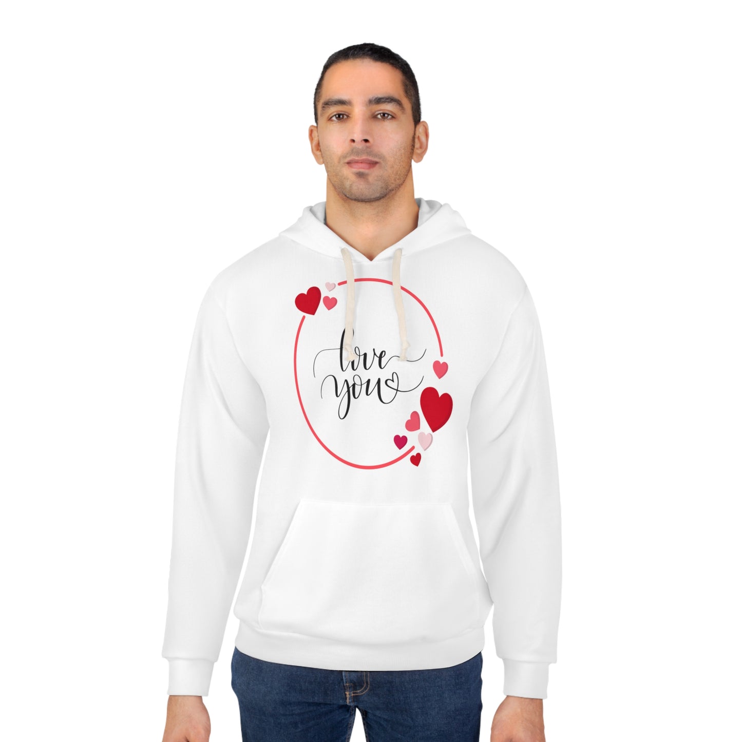 Love You with Hearts Printed Unisex Pullover Hoodie, Red & White