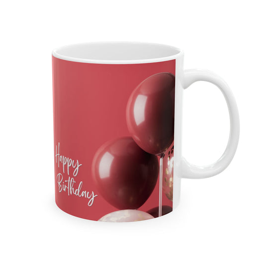 Happy Birthday Mug – Red Ceramic Coffee Cup with Balloon Print & White Script