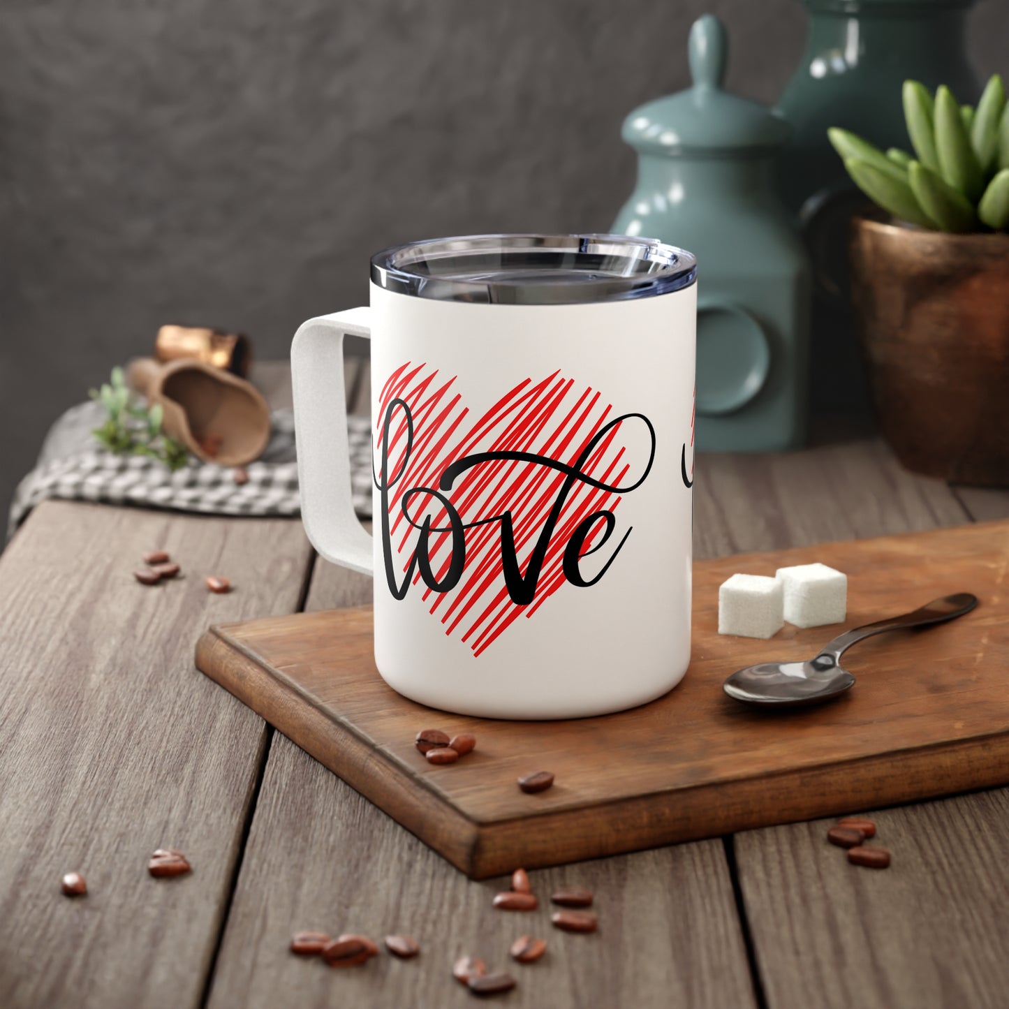 10oz Stainless Steel Travel Mug with Red Heart & “Love” Script, Romantic Gift for Valentine’s Day or Anniversary