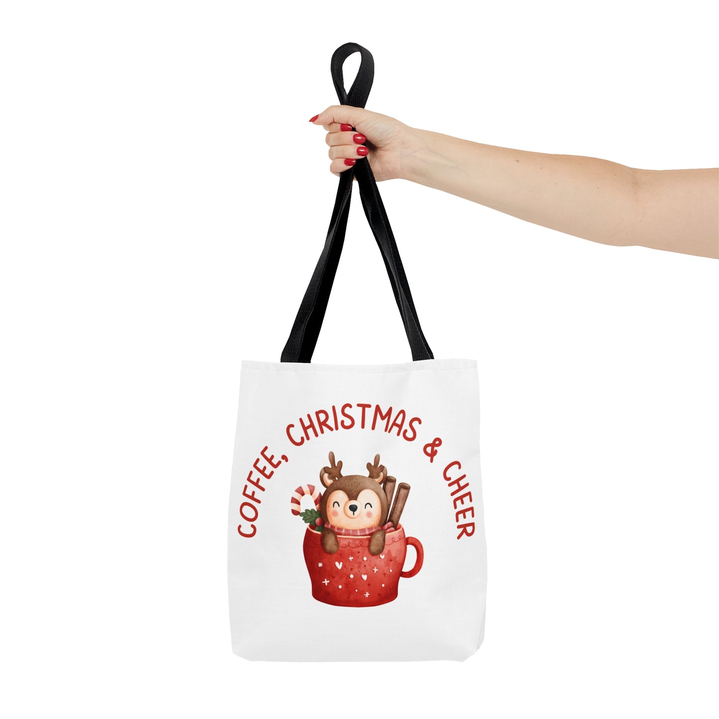 Tote Bag – COFFEE, CHRISTMAS & CHEER Reindeer Design – Gift for Holiday Shoppers, Winter Coffee Lovers